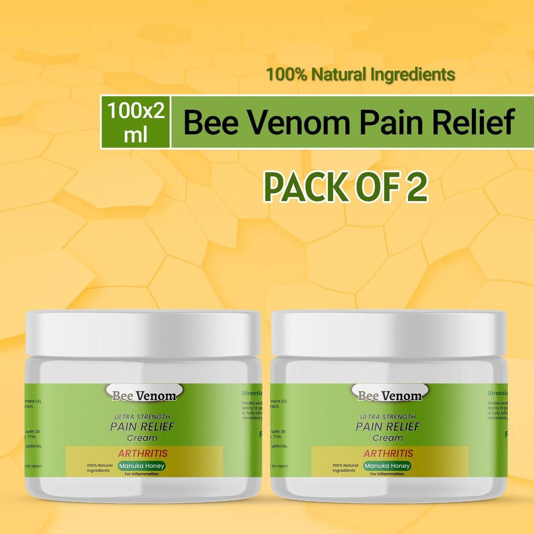 Bee Venom Pain Relief Cream - Natural, Effective, Fast-Acting (Pack of 2)